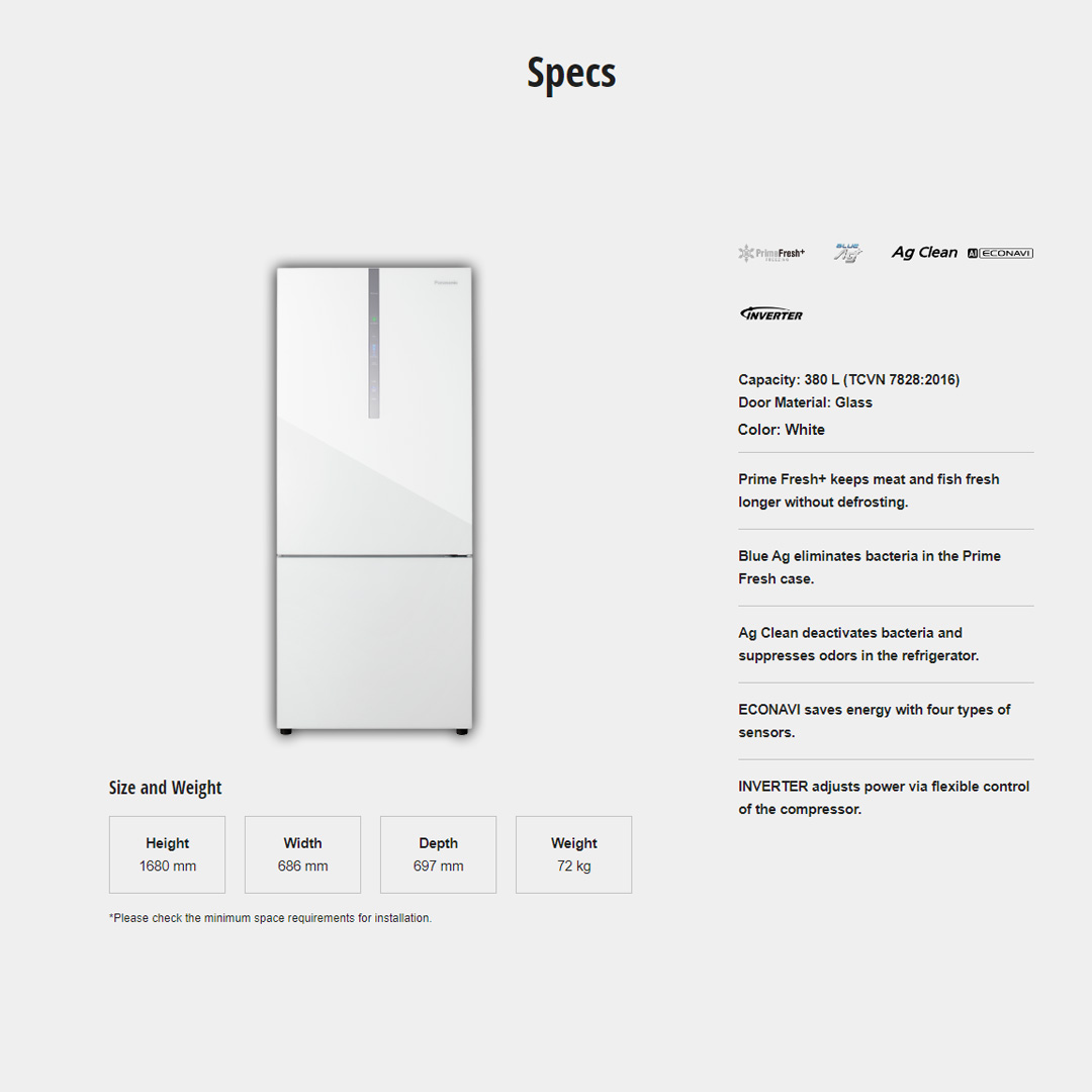 Panasonic 422L 2 Doors Bottom Mount Inverter Refrigerator with AI ECONAVI NR-BX421WGW | Faster Soft Freezing Keeps Food Fresh With Prime Fresh | Anti-Bacterial Effect | Moisture Retained For Vegetable Storage | Refrigerator With 1 Year Warranty