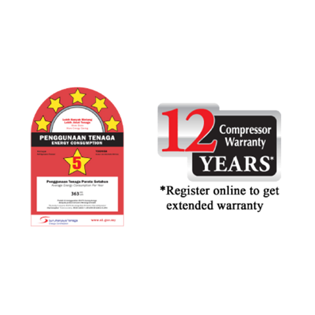 TOSHIBA 380L 2 Doors Bottom Mount Inverter Refrigerator GR-RB410WE-PMY(37) | Water Dispenser | Folded Shelf | Electronic Control | Mega Ice | Refrigerator with 1 Year Warranty