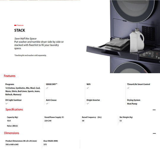 Toshiba 10KG Heat Pump Inverter Tumble Dryer TD-BK110GHM(SK) | Heat Pump | Smart Plan | Drying Cycle Auto Set | SENSEDRY | Hygiene | UV Sanitize | Anti-Crease | Wool | Stack | Tumble Dryer with 2 Year General Warranty