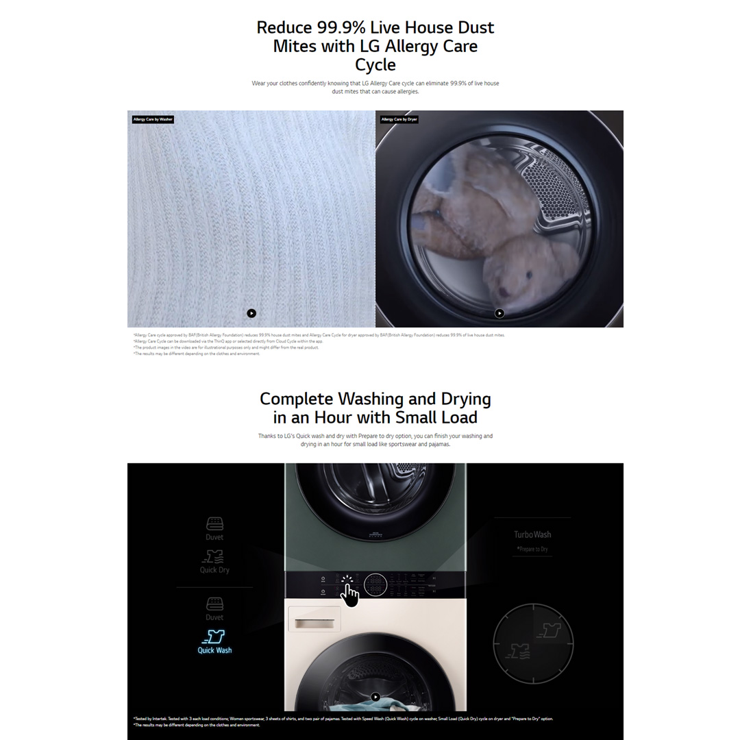 LG 14KG/10KG All-In-One Stacked Washer Dryer with AI Direct Drive Nature WT1410NHEG | TurboWashTM 360 | LG ThinQ app Compatible | Sensor Dry | Washer Dryer with 1 Year Warranty