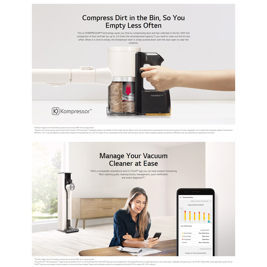 LG 590W CordZero A9Komp with All-in-One Tower Vacuum-Mop A9T-Max | Smart Inverter Motor | 5 step Filtration | Dual Battery Packs | Stick Vacuum with 2 Year Warranty