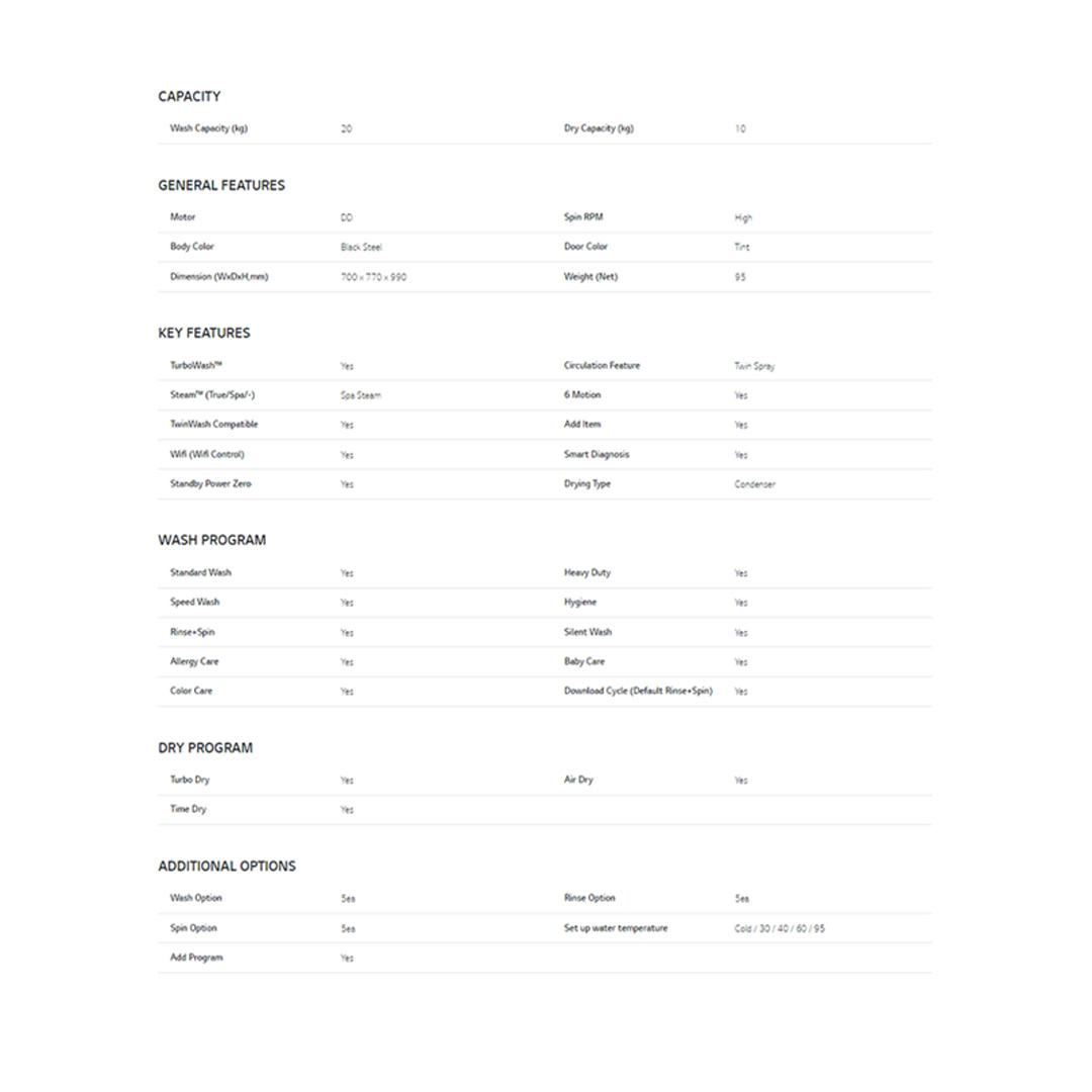 LG 20KG/10KG Front Load Washer Dryer with Direct Drive Inverter and Steam F2720RVTV | 6motion DD | TurboWash™ | Steam™ | Washer Dryer with 1 Year Warranty