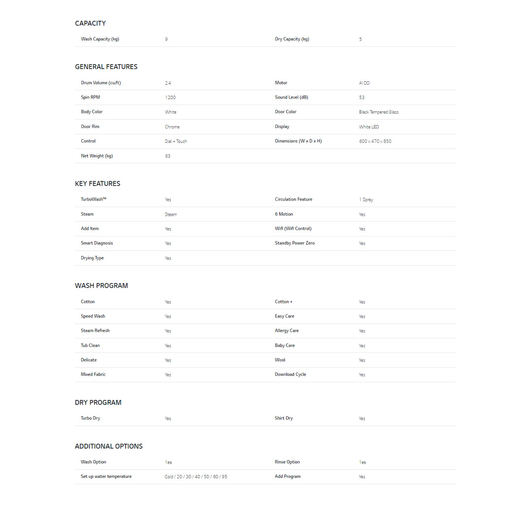 LG 9KG/5KG Front Load Washer Dryer with AI Direct Drive FV1209D4W  | 6 Motion | Smart Diagnosis | Easy Care | Cotton+ | Rinse+Spin | Quick 30 | Load Washer with 1 Year Warranty