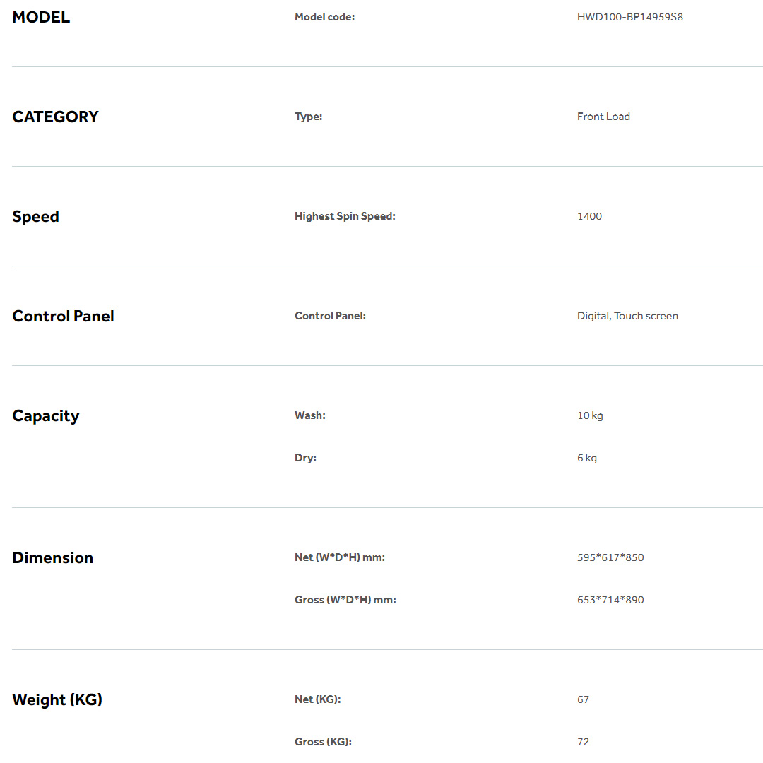 HAIER 10KG/6KG Front Load Super Inverter Washing Machine HWD100-BP14959S8 | ABT | Auto Lock Door | Add Wash | Drum Clean | Quick Wash | I-Refresh | Door Cover | Washing Machine with 2 Year Warranty