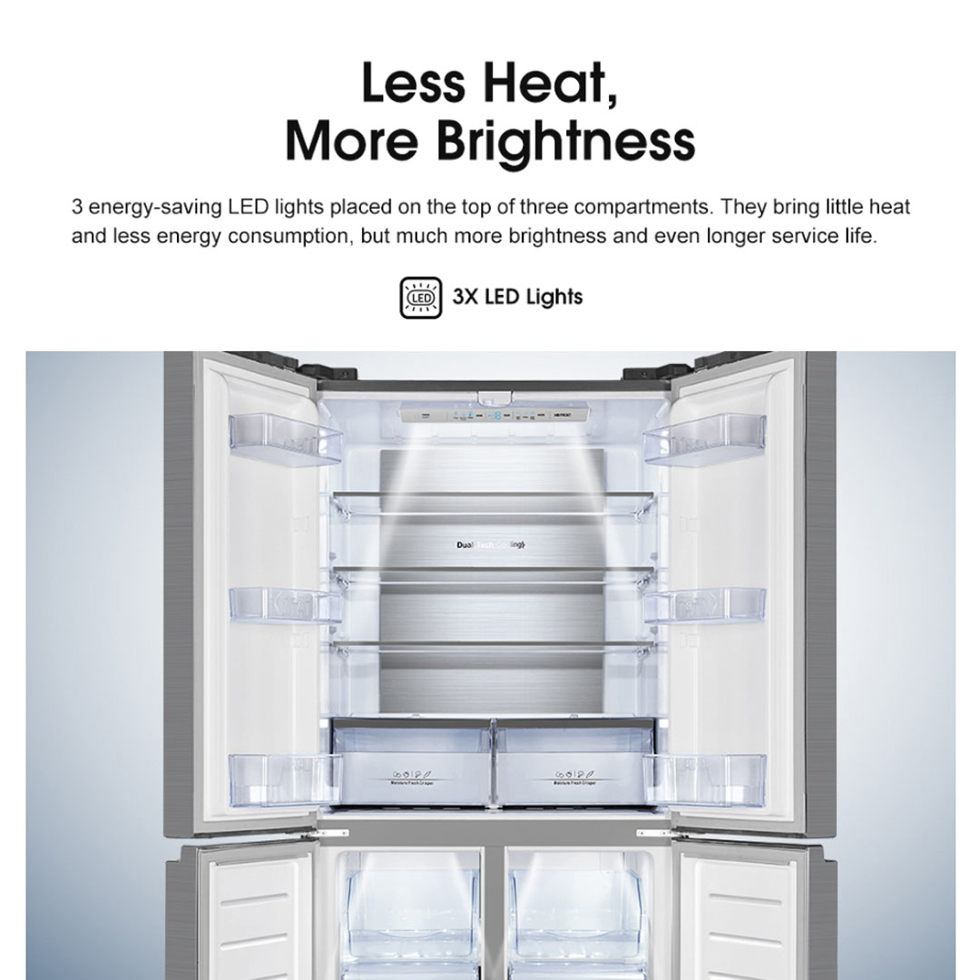 HISENSE 520L Four Doors Inverter Refrigerator RQ568N4AWU | Double Cooling | Metal-Tech Cooling | Metal Glide Drawer | Led Lighting | Refrigerator with 3 Years Warranty