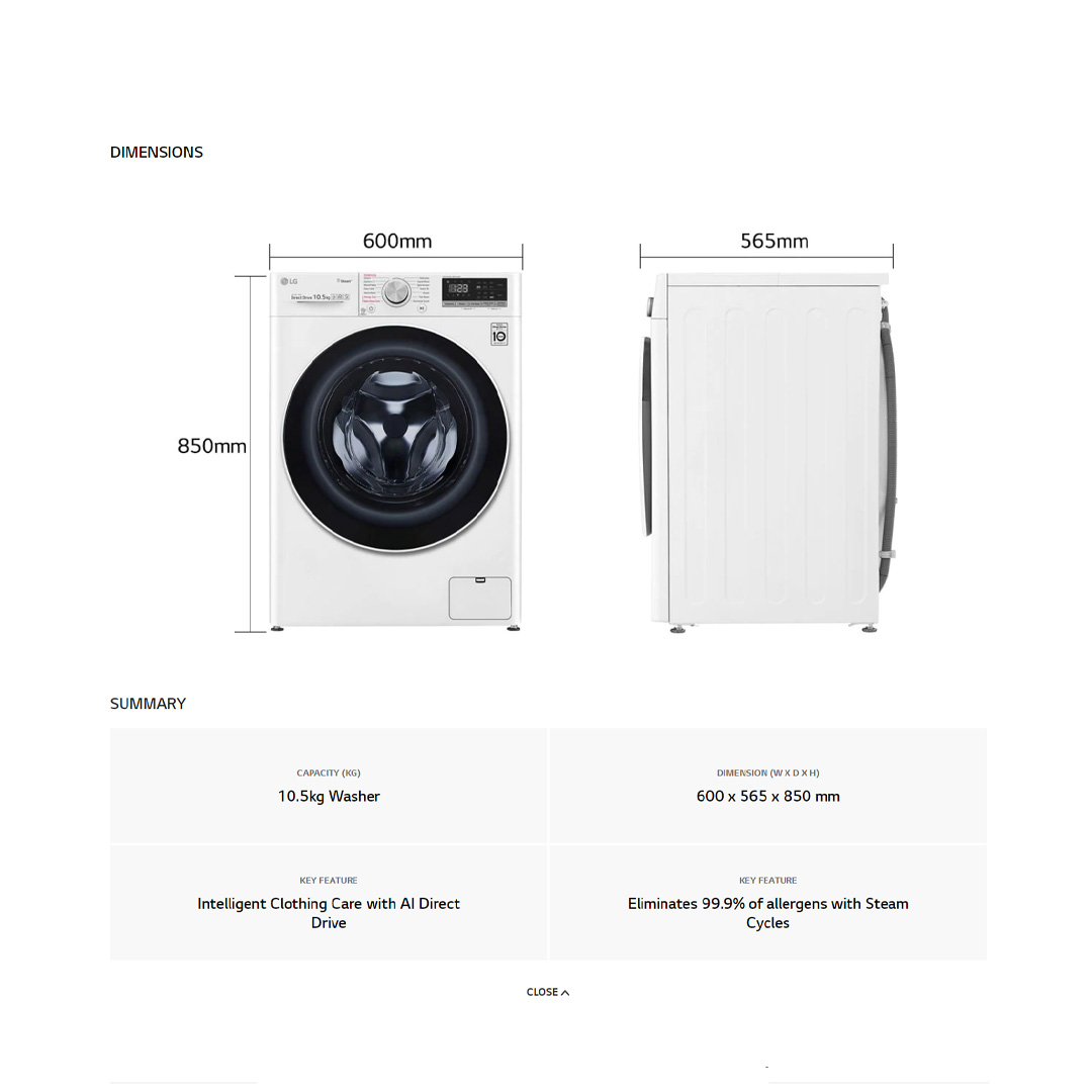 LG 10.5KG Front Load Washer with AI Direct Drive and Steam FV1450S4W | 6 Motion | Smart Diagnosis | Wifi | Tub Clean | Easy Care | Silent Wash | Smart Appliance | Loa Washer with 1 Year Warranty