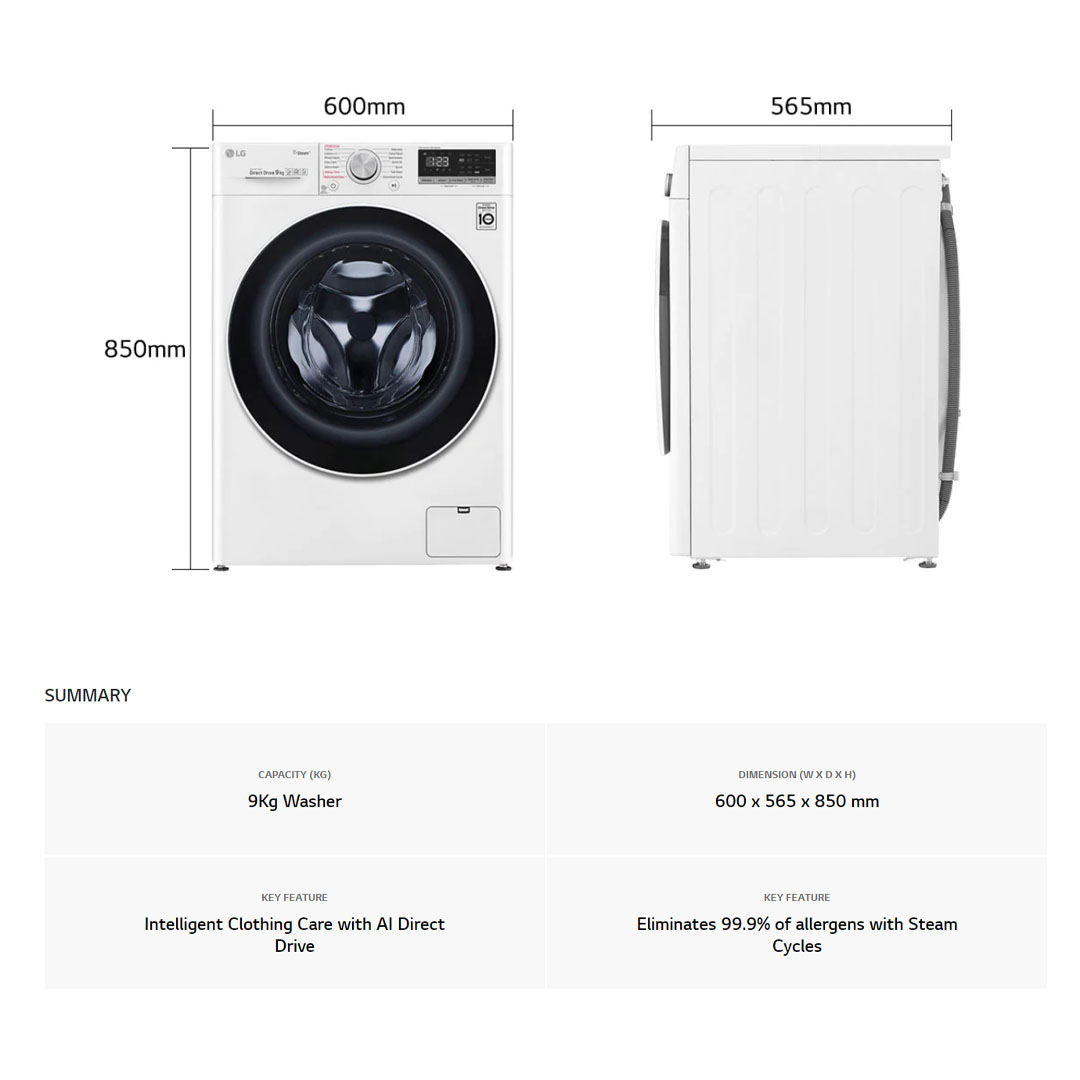 LG 9KG Front Load Washer with AI Direct Drive and Steam FV1409S4W  | Wifi | 6 Motion | Allergy Care | Quick 30 | Smart Diagnosis | Easy Care | Tub Clean | Cotton+ | Delicate | Silent Wash | Washer Dryer with 1 Year Warranty