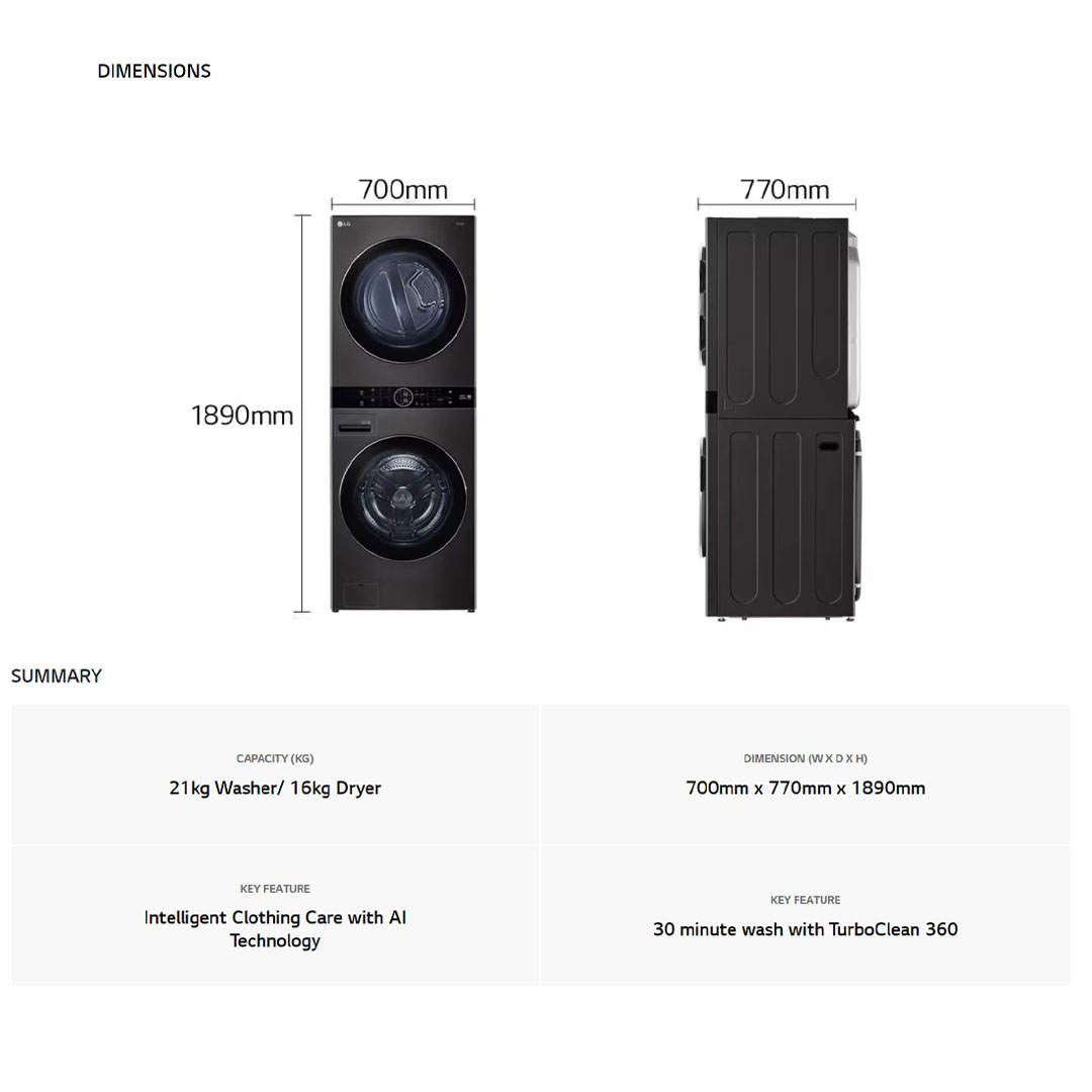 LG 21KG/16KG All-In-One Stacked Washer Dryer with AI Direct Drive WT2116SHB | Heat Pump Dryer | Smart Pairing | Safety Lock | Washer Dryer with 1 Year Warranty