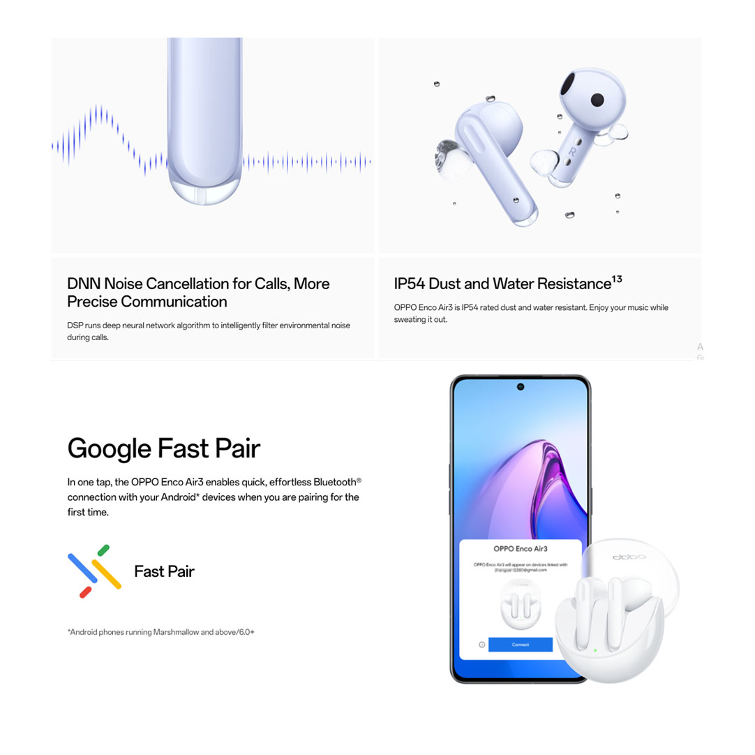 OPPO Enco Air3 | Translucent Jelly Case | HiFi 5 DSP for Audiophile-Grade Processing | 13.4mm Large Composite Driver | AI Deep Noise Cancellation for Calls | Binaural Low-latency with Bluetooth® 5.3 Transmission | Earbuds with 1 Year Warranty