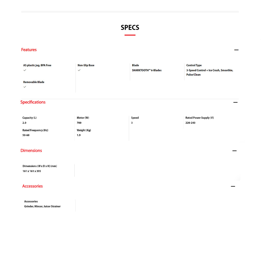 TOSHIBA 2L Multifunction Blender BL-70PR2NMY | 3-Speed Control | Smoothie and Ice Crush Function | With Grinder, Mincer & Juicer Strainer | Jigsaw 6-point Blade | Blender with 1 Year Warranty