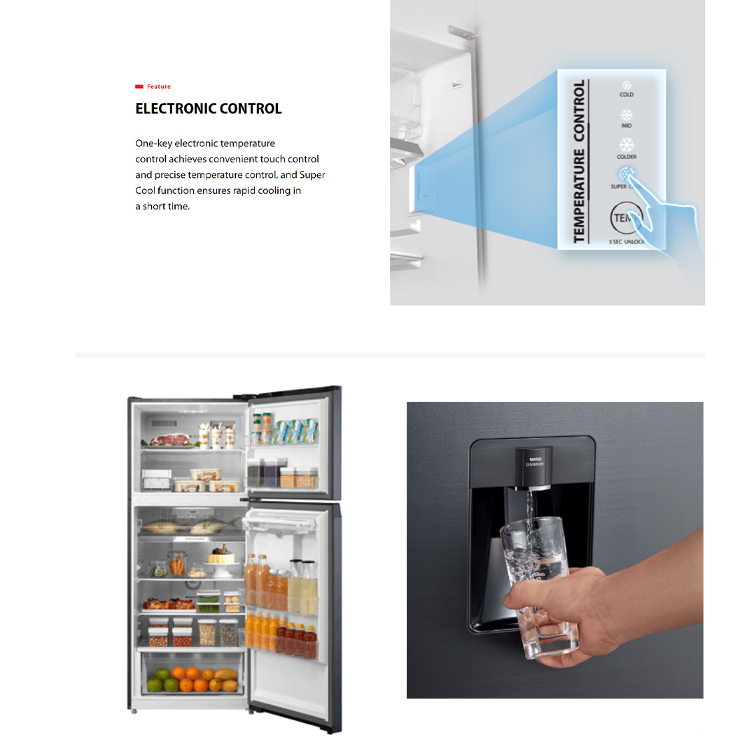 TOSHIBA 360L 2 Doors Top Mount AirFALL Cooling Origin Inverter Refrigerator GR-RT415WE-PMY(06) | 5-Star Energy Efficiency | Humidity Control | Cooling Zone | Water Dispenser | Refrigerator with 1 Year Warranty