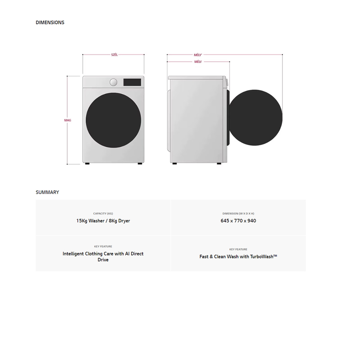 LG 15KG/8KG Front Load Washer Dryer with AI Direct Drive F2515RTGB | TurboWash™ | Steam™ | ThinQ™ | Washer Dryer with 1 Year Warranty