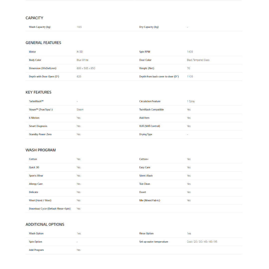 LG 10.5KG Front Load Washer with AI Direct Drive and Steam FV1450S4W | 6 Motion | Smart Diagnosis | Wifi | Tub Clean | Easy Care | Silent Wash | Smart Appliance | Loa Washer with 1 Year Warranty