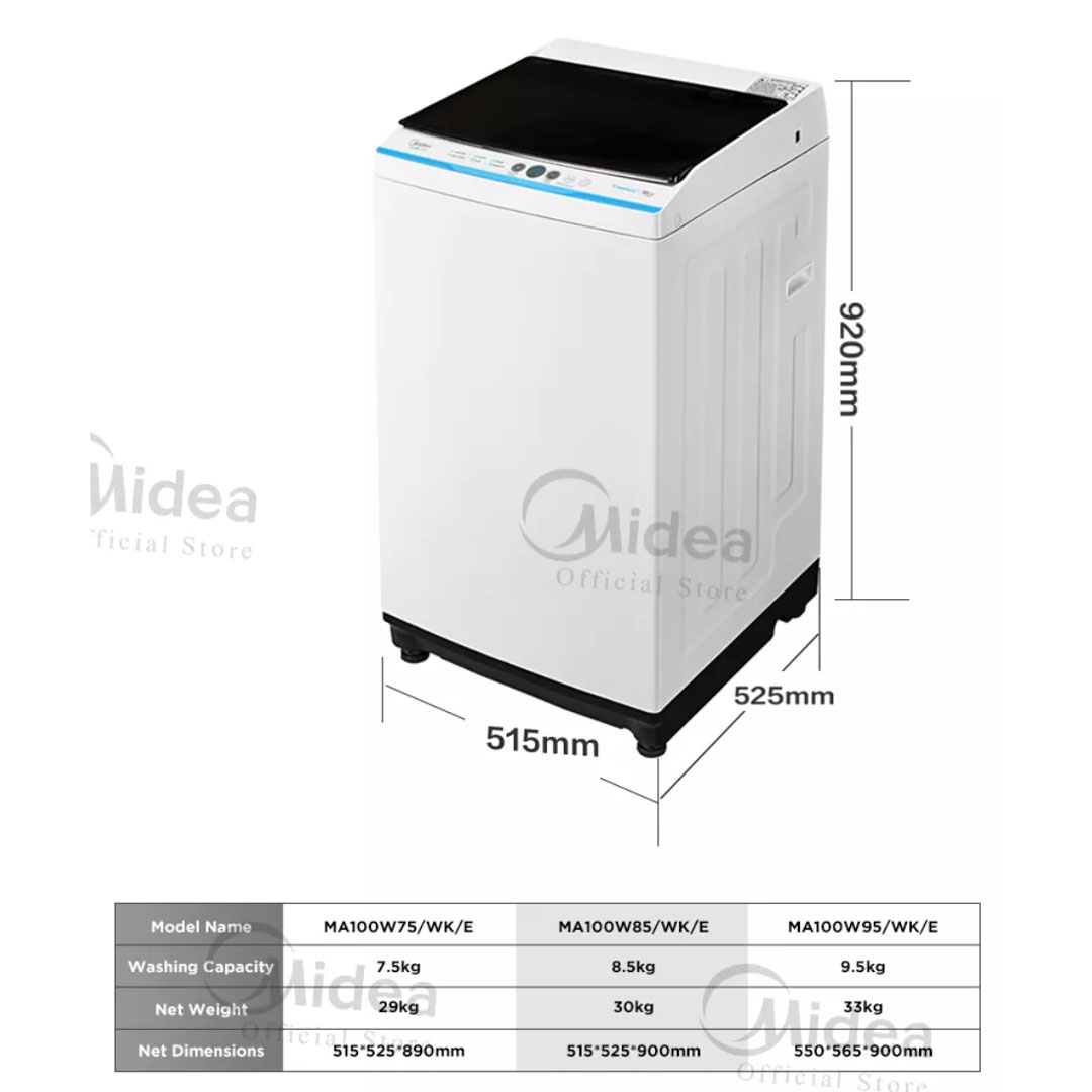 Midea 8.5KG Top Load Washing Machine  MA100W85/WK/E  | Lunar Dial | Pulsator | 15' Quick Wash | One-Touch Smart Wash | Auto Clean | Easy-To-Clean Metal Lint Filter | Water Cub Tub | Washing Machine with 2 Year Warranty