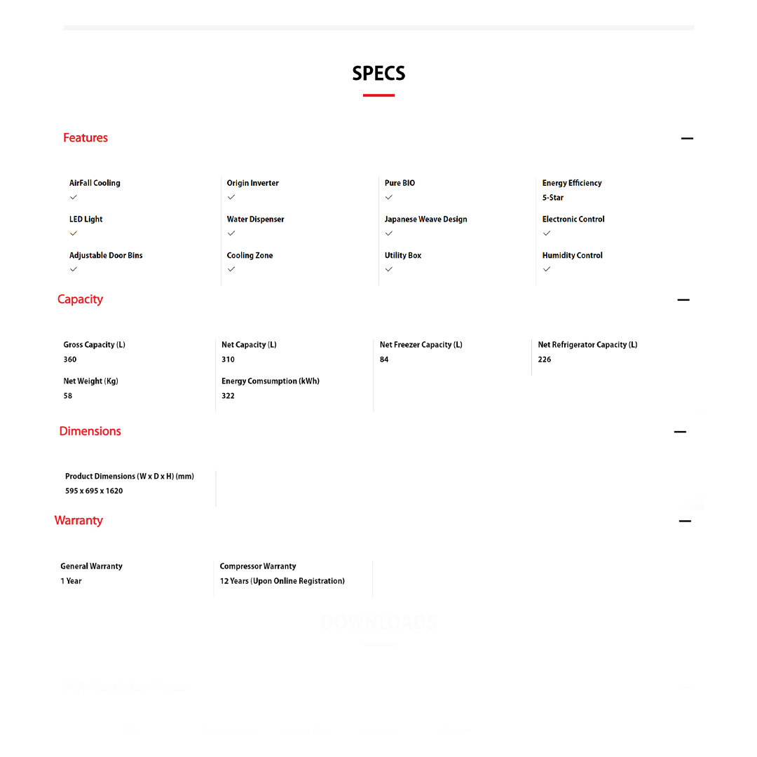 TOSHIBA 360L 2 Doors Top Mount AirFALL Cooling Origin Inverter Refrigerator GR-RT415WE-PMY(06) | 5-Star Energy Efficiency | Humidity Control | Cooling Zone | Water Dispenser | Refrigerator with 1 Year Warranty