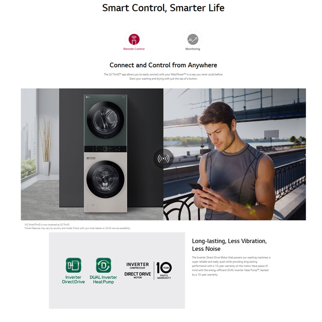 LG 14KG/10KG All-In-One Stacked Washer Dryer with AI Direct Drive Nature WT1410NHEG | TurboWashTM 360 | LG ThinQ app Compatible | Sensor Dry | Washer Dryer with 1 Year Warranty