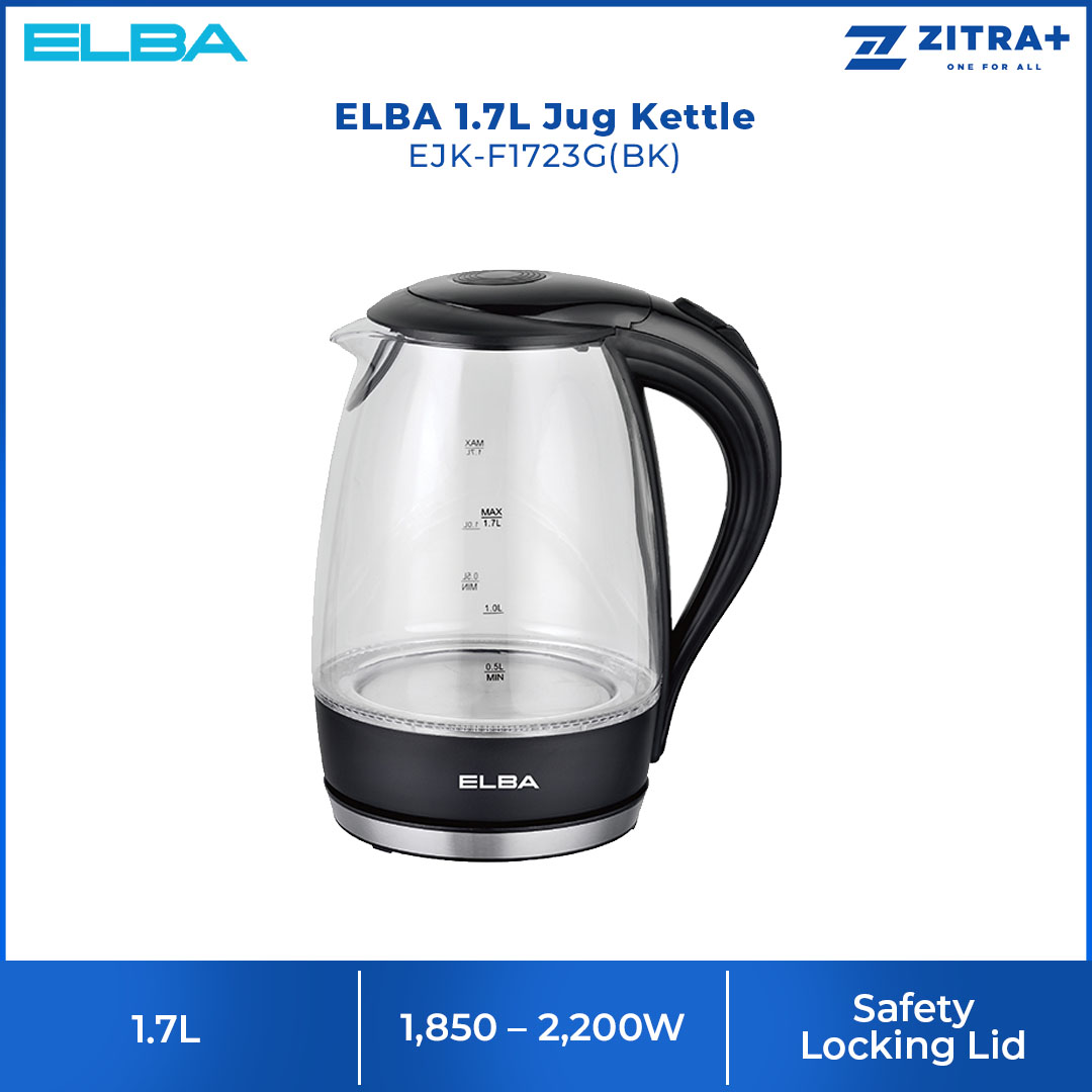 ELBA 1.7L Kettle EJK-F1723G(BK) | Borosilicate Glass Body | Removable & Washable Filter | Dry Boiled Protection | Automatic Boiling & Switch Off | Kettle with 1 Year Warranty