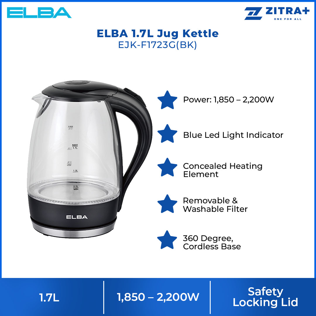ELBA 1.7L Kettle EJK-F1723G(BK) | Borosilicate Glass Body | Removable & Washable Filter | Dry Boiled Protection | Automatic Boiling & Switch Off | Kettle with 1 Year Warranty