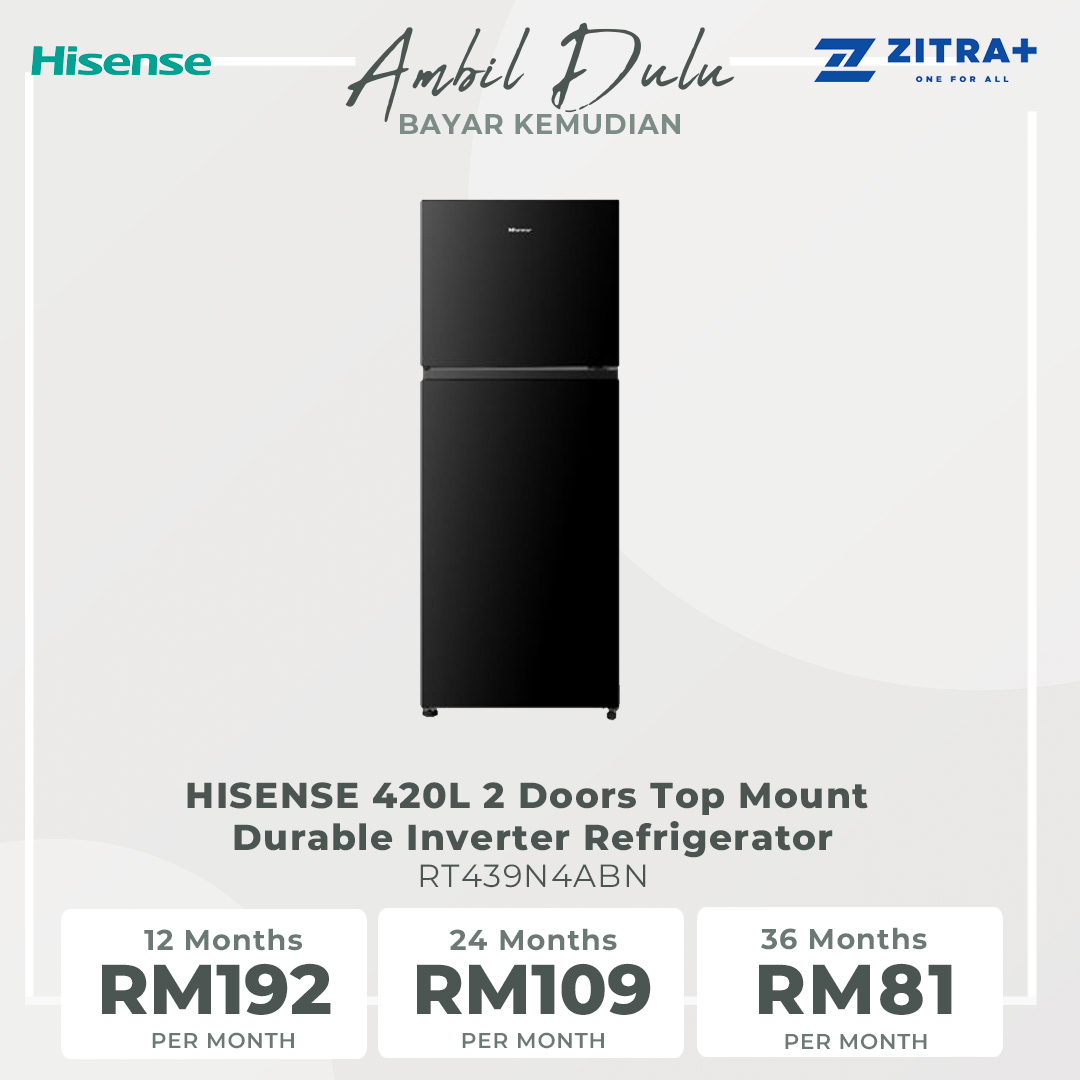 HISENSE 420L 2 Doors Top Mount Durable Inverter Refrigerator RT439N4ABN | Multi Air Flow | Deodorizing Filter | Moisture Fresh Crisper | Durable Inverter | LED Lighting | Fresh Zone | Refrigerator with 3 Year Warranty