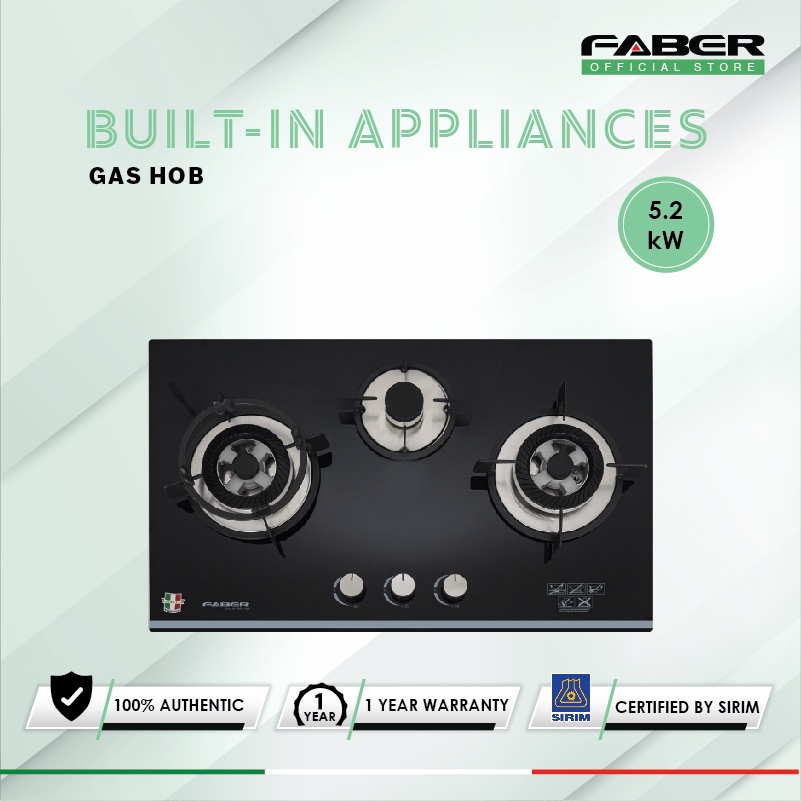 FABER 3 Burners Built-In Glass Hob FGH PRESTO 3B/76BK | Cast Iron Support | Easy Cleaning Design | Glass Hob with 1 Year Warranty