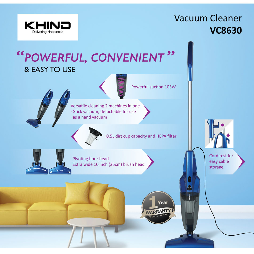 KHIND 600W Stick Vacuum Cleaner VC8630 | Powerful Suction 105W | 0.5L Dirt Cup Capacity and HEPA Filter | Versatile Cleaning 2 Machines in One - Stick Vacuum, Detachable for Use as a Hand Vacuum | Vacuum Cleaner with 1 Year Warranty