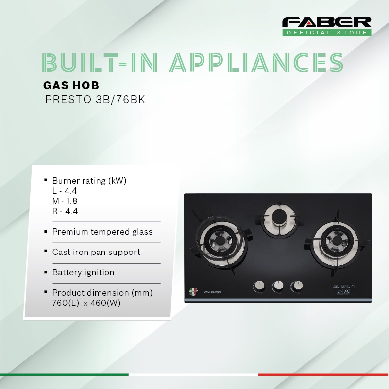 FABER 3 Burners Built-In Glass Hob FGH PRESTO 3B/76BK | Cast Iron Support | Easy Cleaning Design | Glass Hob with 1 Year Warranty