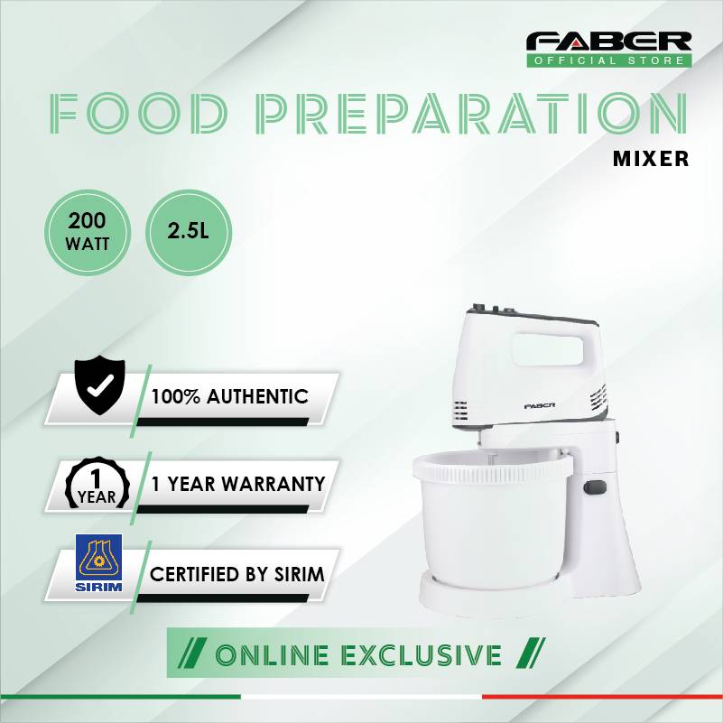 FABER 2.5L Stand Mixer FM 225 | 5 Speeds Control with Turbo | Overheat Protection | Bowl Rotate During Operation | Come with Beaters & Dough Hook | Stand Mixer with 1 Year Warranty