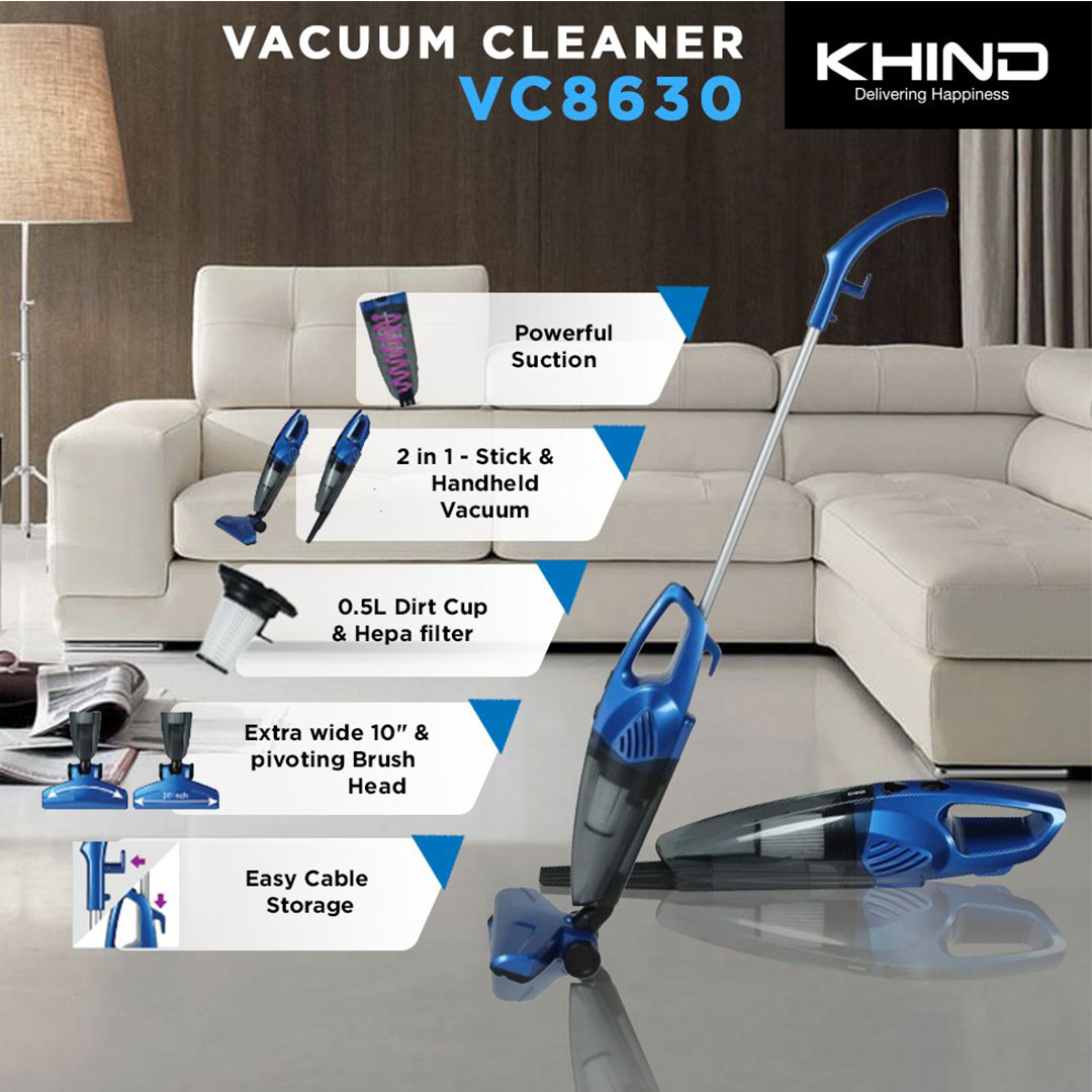 KHIND 600W Stick Vacuum Cleaner VC8630 | Powerful Suction 105W | 0.5L Dirt Cup Capacity and HEPA Filter | Versatile Cleaning 2 Machines in One - Stick Vacuum, Detachable for Use as a Hand Vacuum | Vacuum Cleaner with 1 Year Warranty