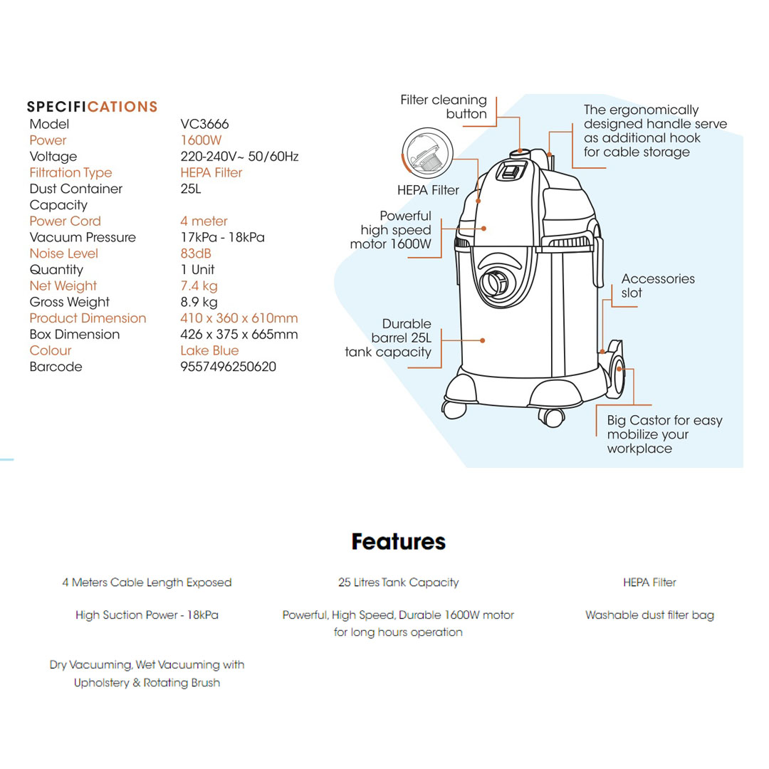 KHIND 1600W Wet & Dry Vacuum Cleaner VC3666 | 4 Meters Cable Length Exposed | HEPA Filter | Washable Dust Filter Bag | Vacuum Cleaner with 1 Year Warranty