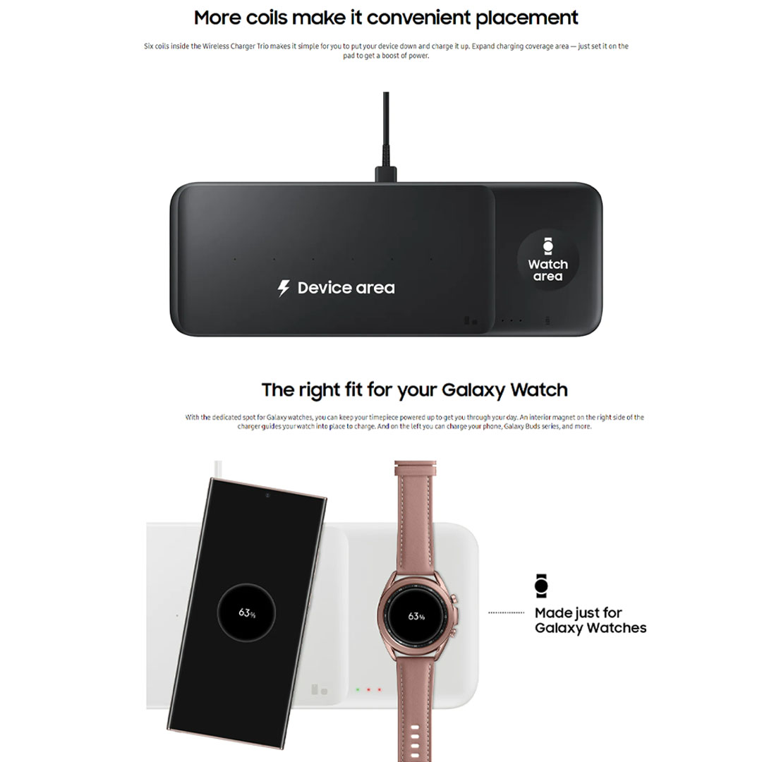 SAMSUNG Wireless Charger Trio EP-P6300TBEGGB | The incredible 3-in-1 Charger | Power up With a Quickness | Charging Two Devices Simultaneously |