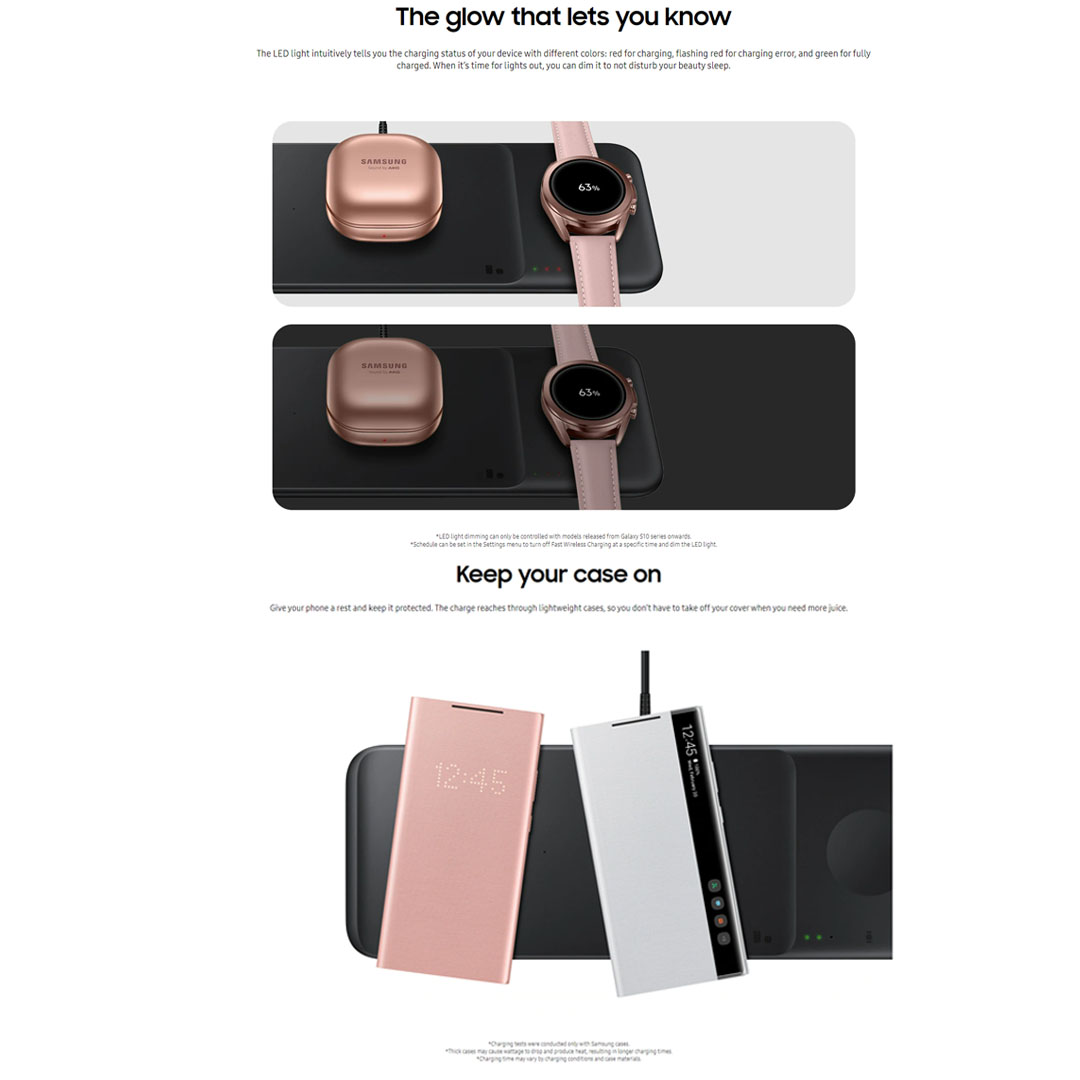 SAMSUNG Wireless Charger Trio EP-P6300TBEGGB | The incredible 3-in-1 Charger | Power up With a Quickness | Charging Two Devices Simultaneously |