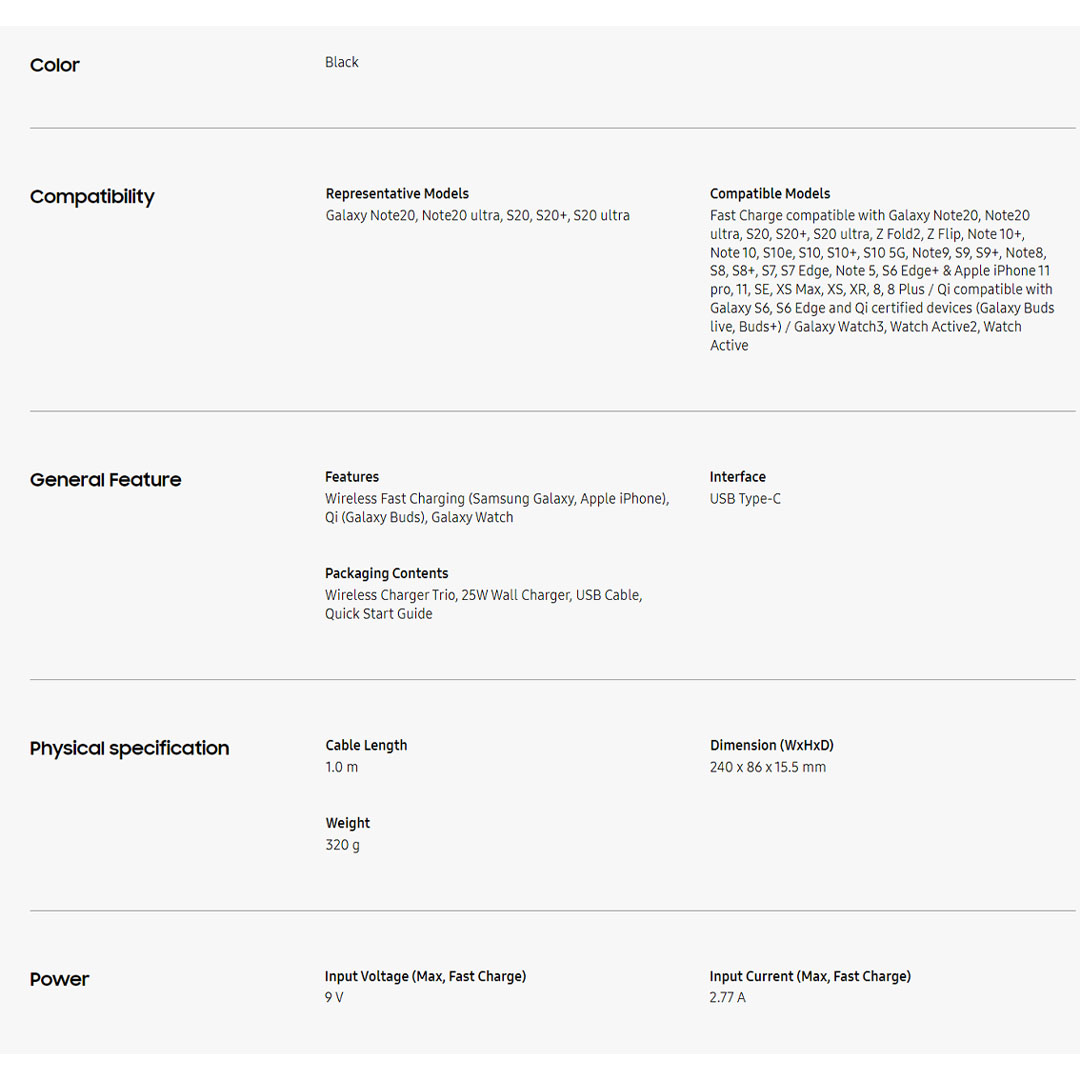 SAMSUNG Wireless Charger Trio EP-P6300TBEGGB | The incredible 3-in-1 Charger | Power up With a Quickness | Charging Two Devices Simultaneously |