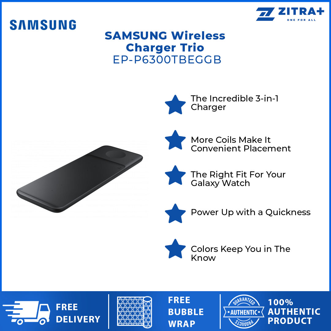 SAMSUNG Wireless Charger Trio EP-P6300TBEGGB | The incredible 3-in-1 Charger | Power up With a Quickness | Charging Two Devices Simultaneously |