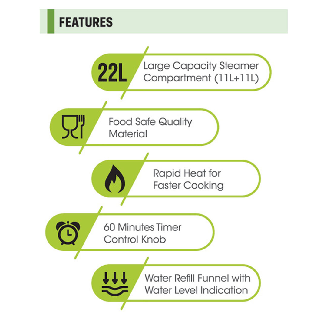 KHIND 22L Electric Food Steamer SE1800 | 22L Large Capacity Steamer Compartment (11L+11L) | Food Safe Quality Material | Rapid Heat for Faster Cooking | 60 Minutes Timer Control Knob | Electric Food Steamer with 1 Year General Warranty