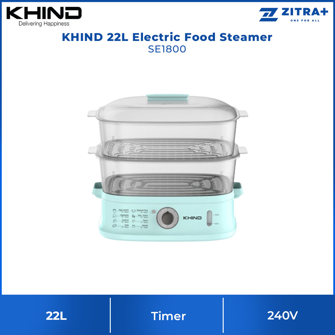 KHIND 22L Electric Food Steamer SE1800 | 22L Large Capacity Steamer Compartment (11L+11L) | Food Safe Quality Material | Rapid Heat for Faster Cooking | 60 Minutes Timer Control Knob | Electric Food Steamer with 1 Year General Warranty