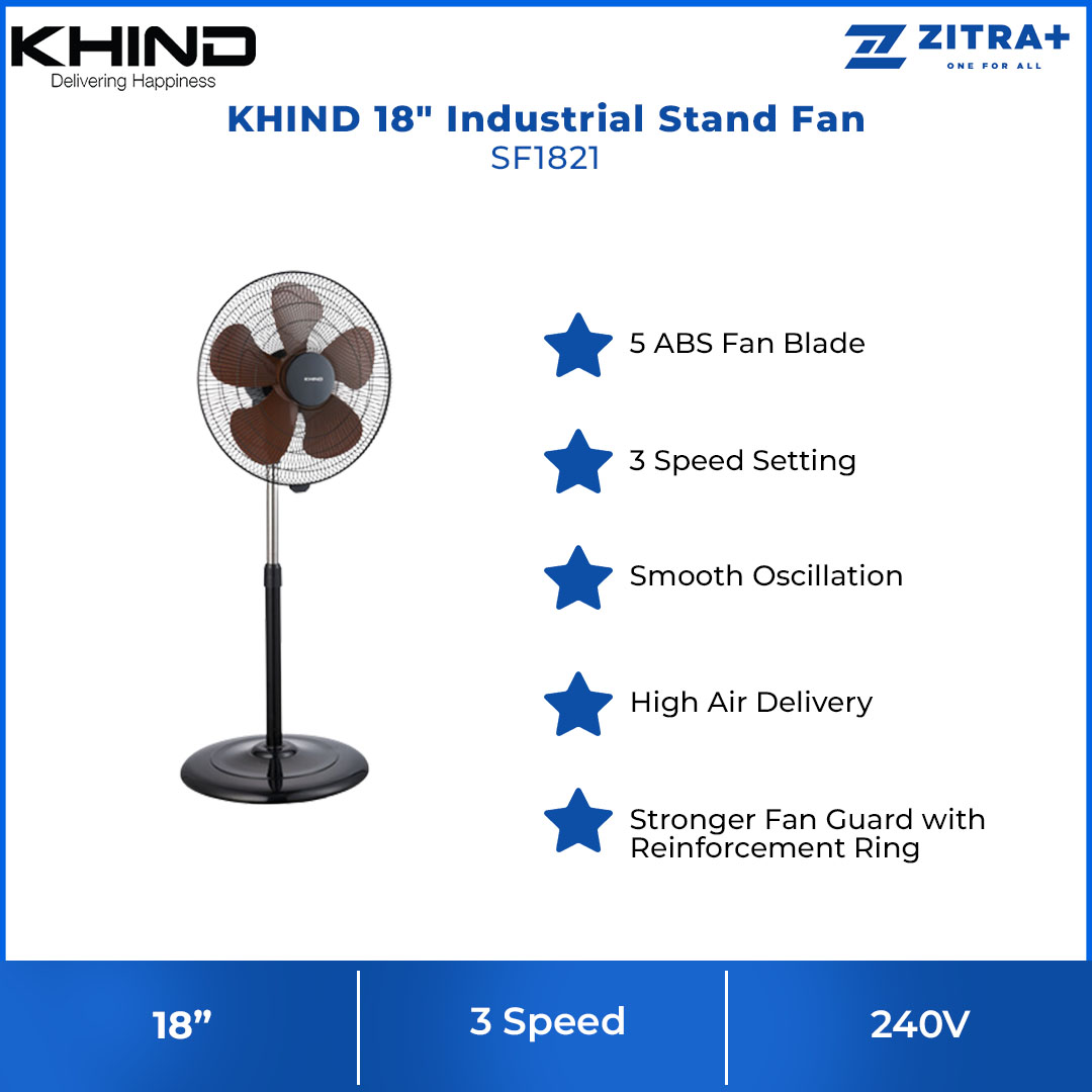 KHIND 18" Industrial Stand Fan SF1821 | 5 ABS Fan Blade | 3 Speed Setting | Smooth Oscillation | High Air Delivery | Stand Fan with 1 Year General Warranty