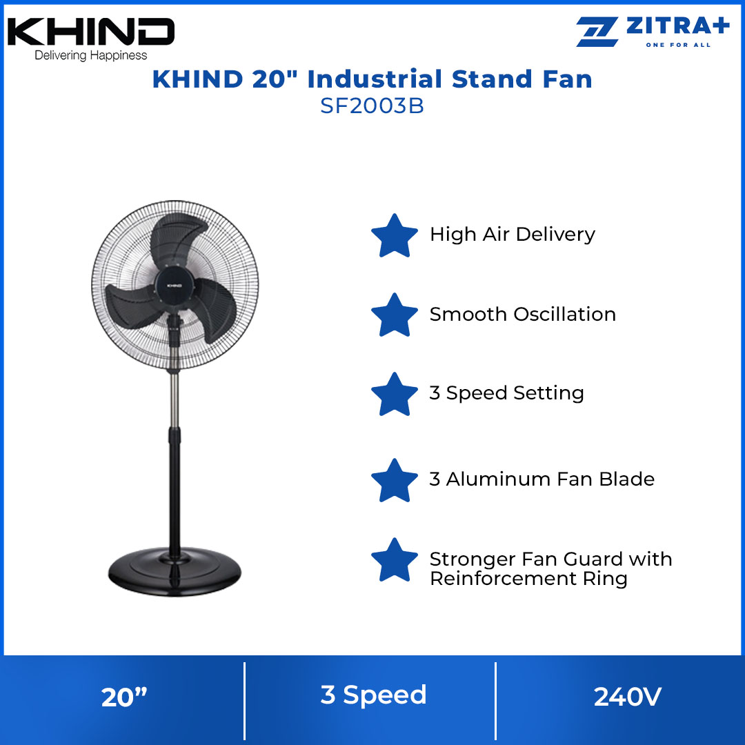 KHIND 20" Industrial Stand Fan SF2003B | 3 Speed Setting | 3 Aluminium Fan Blade | Smooth Oscillation | High Air Delivery | Stand Fan with 1 Year Warranty