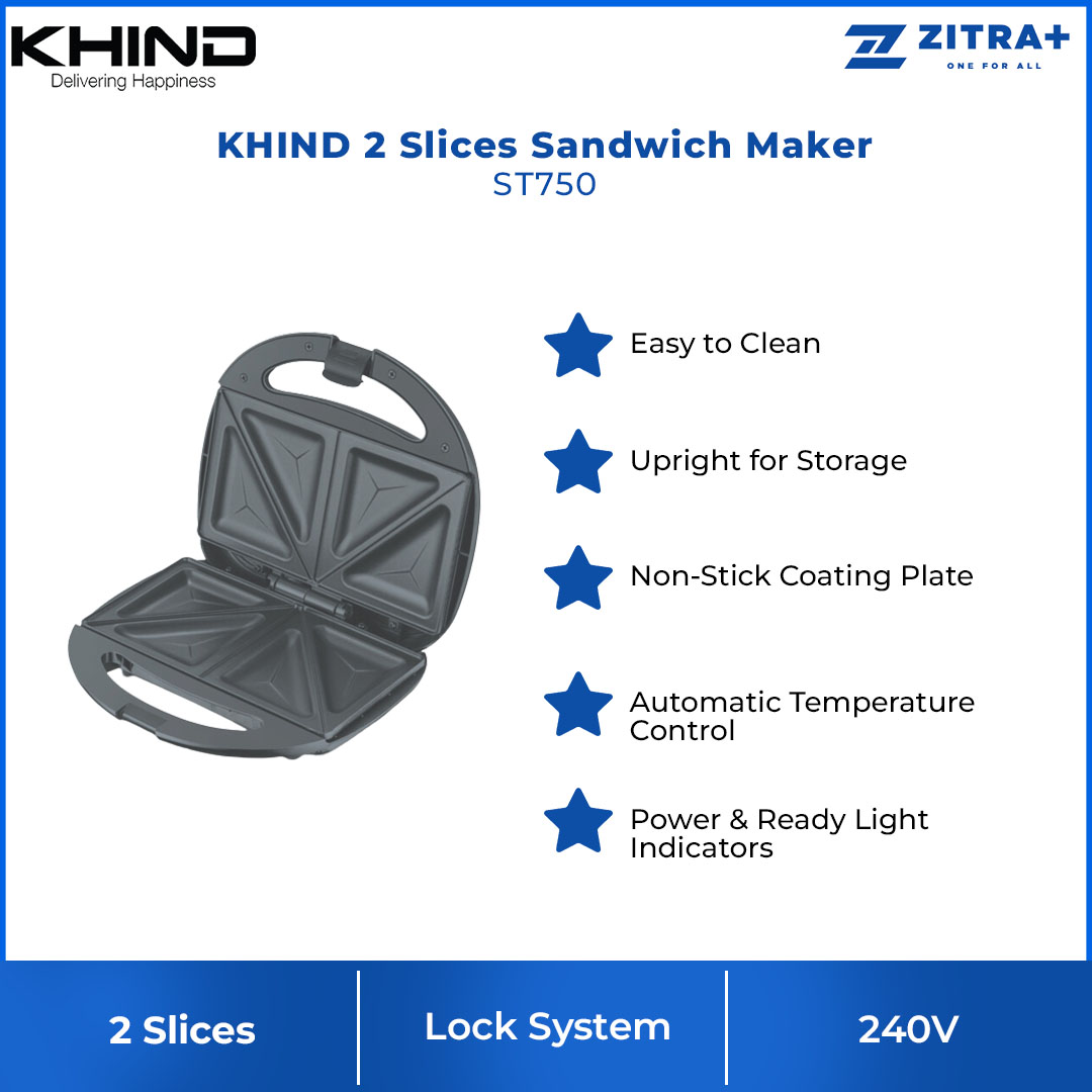 KHIND Sandwich Maker ST750 | Easy to Clean | Lock System | Non-Stick Coating Plate | Upright for Storage | Sandwich Maker with 1 Year General Warranty