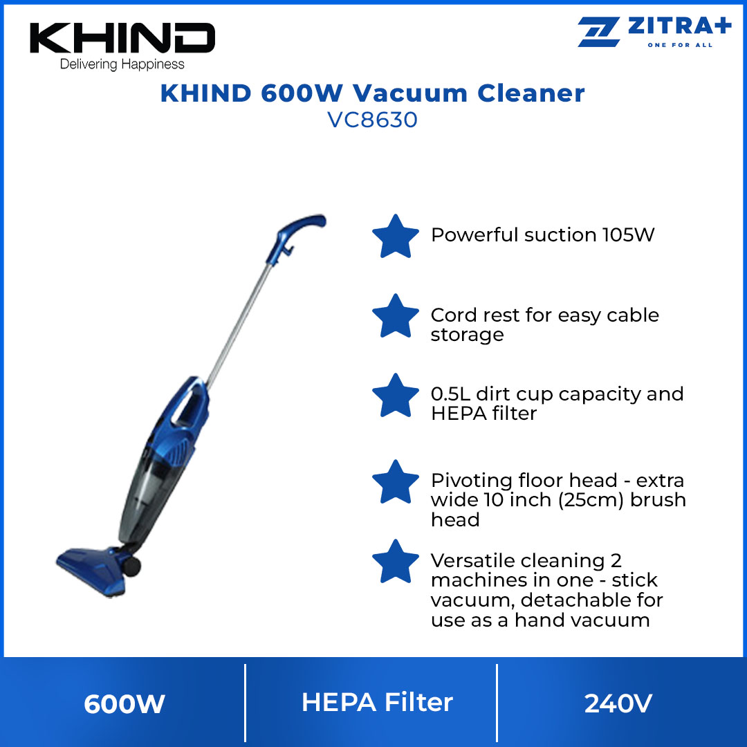 KHIND 600W Stick Vacuum Cleaner VC8630 | Powerful Suction 105W | 0.5L Dirt Cup Capacity and HEPA Filter | Versatile Cleaning 2 Machines in One - Stick Vacuum, Detachable for Use as a Hand Vacuum | Vacuum Cleaner with 1 Year Warranty