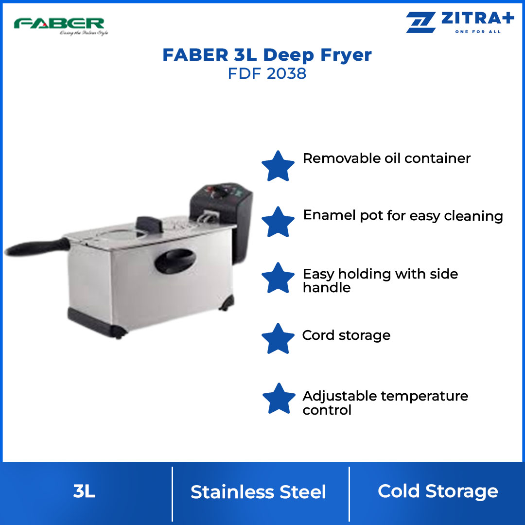 FABER 3L Deep Fryer FDF 2038 | Stainless Steel Housing | Removable Oil Container | Adjustable Temperature Control | Immersed Oil Heating Element | Deep Fryer with 1 Year Warranty