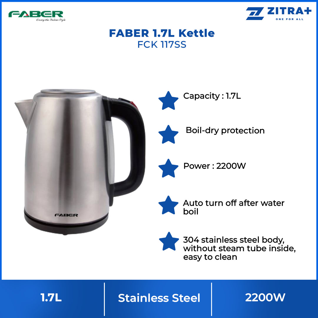 FABER 1.7L Kettle FCK 117SS | 304 Stainless Steel Body | Boil-dry Protection | Auto Turn Off After Water Boil | Power : 2200W | Kettle with 1 Year Warranty