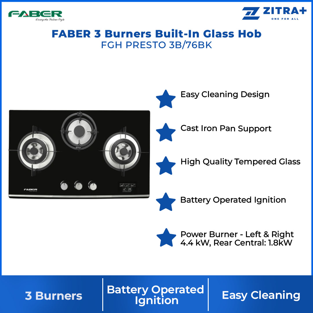FABER 3 Burners Built-In Glass Hob FGH PRESTO 3B/76BK | Cast Iron Support | Easy Cleaning Design | Glass Hob with 1 Year Warranty