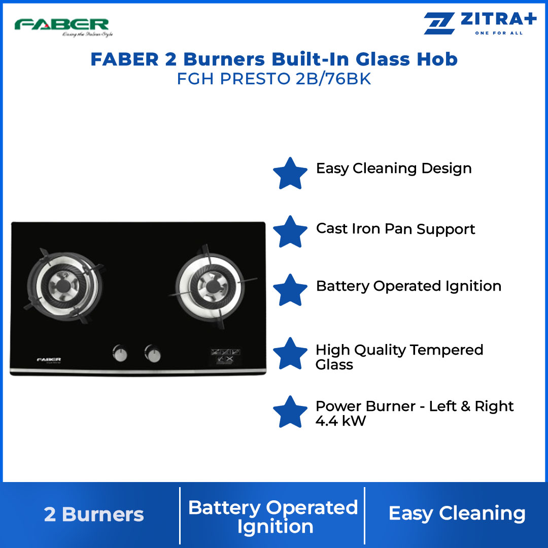 FABER 2 Burners Built-In Glass Hob FGH PRESTO 2B/76BK | Cast Iron Support | Easy Cleaning Design | Glass Hob with 1 Year Warranty