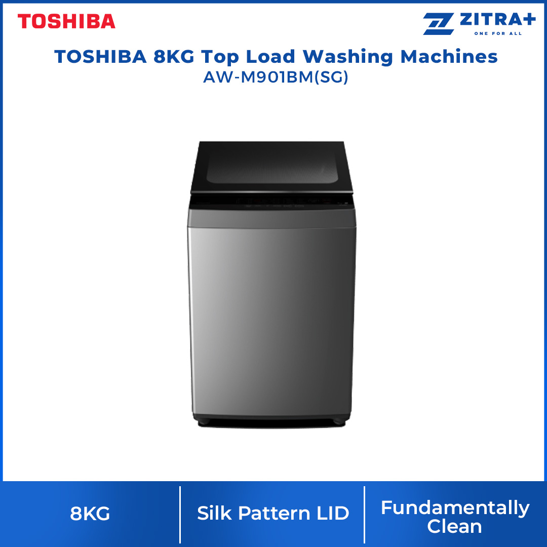 TOSHIBA 8KG Top Load Washing Machines AW-M901BM(SG) | LED Display | Child Lock | Auto Power-Off | Control Type | Drum Clean | Washing Machine with 2 Years Warranty