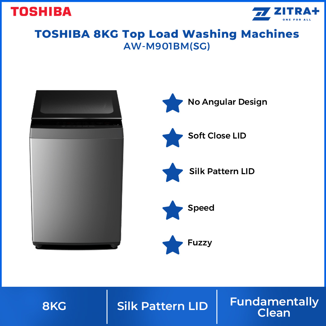 TOSHIBA 8KG Top Load Washing Machines AW-M901BM(SG) | LED Display | Child Lock | Auto Power-Off | Control Type | Drum Clean | Washing Machine with 2 Years Warranty