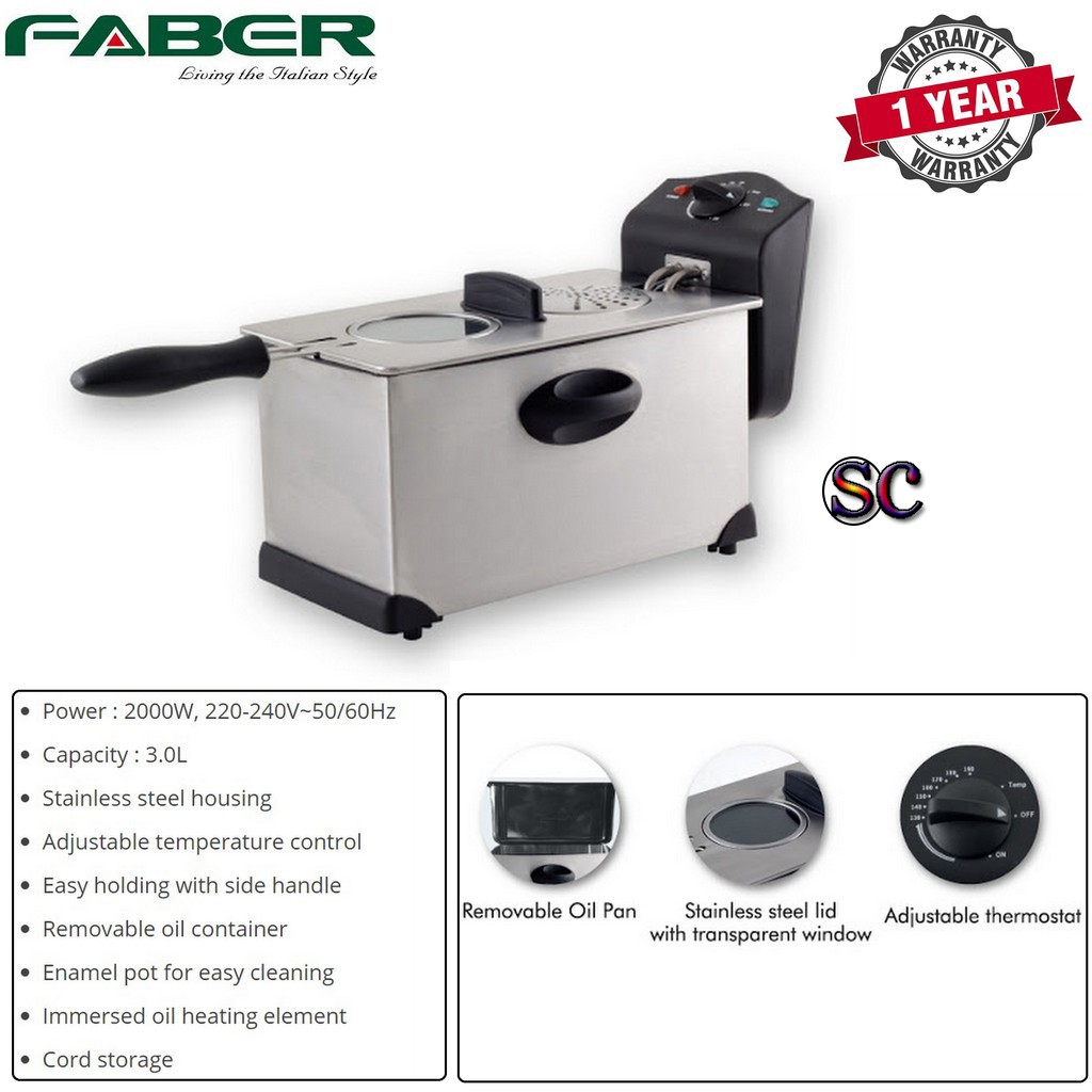 FABER 3L Deep Fryer FDF 2038 | Stainless Steel Housing | Removable Oil Container | Adjustable Temperature Control | Immersed Oil Heating Element | Deep Fryer with 1 Year Warranty