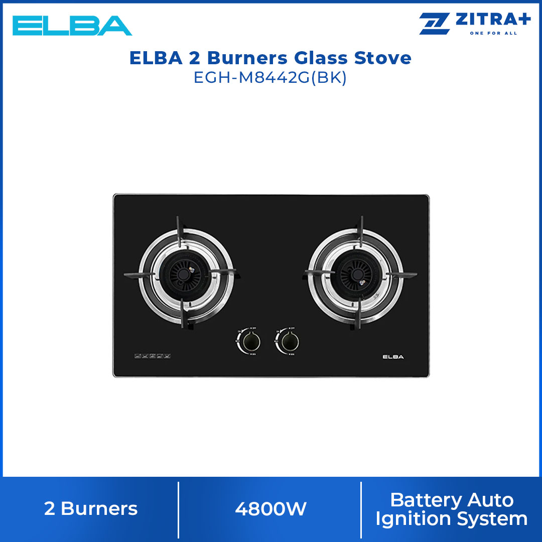 ELBA 2 Burners Glass Stove EGH-M8442G(BK)  | High Quality Tempered Glass | 4800W | Battery Auto Ignition System | Burners with 1 Year Warranty