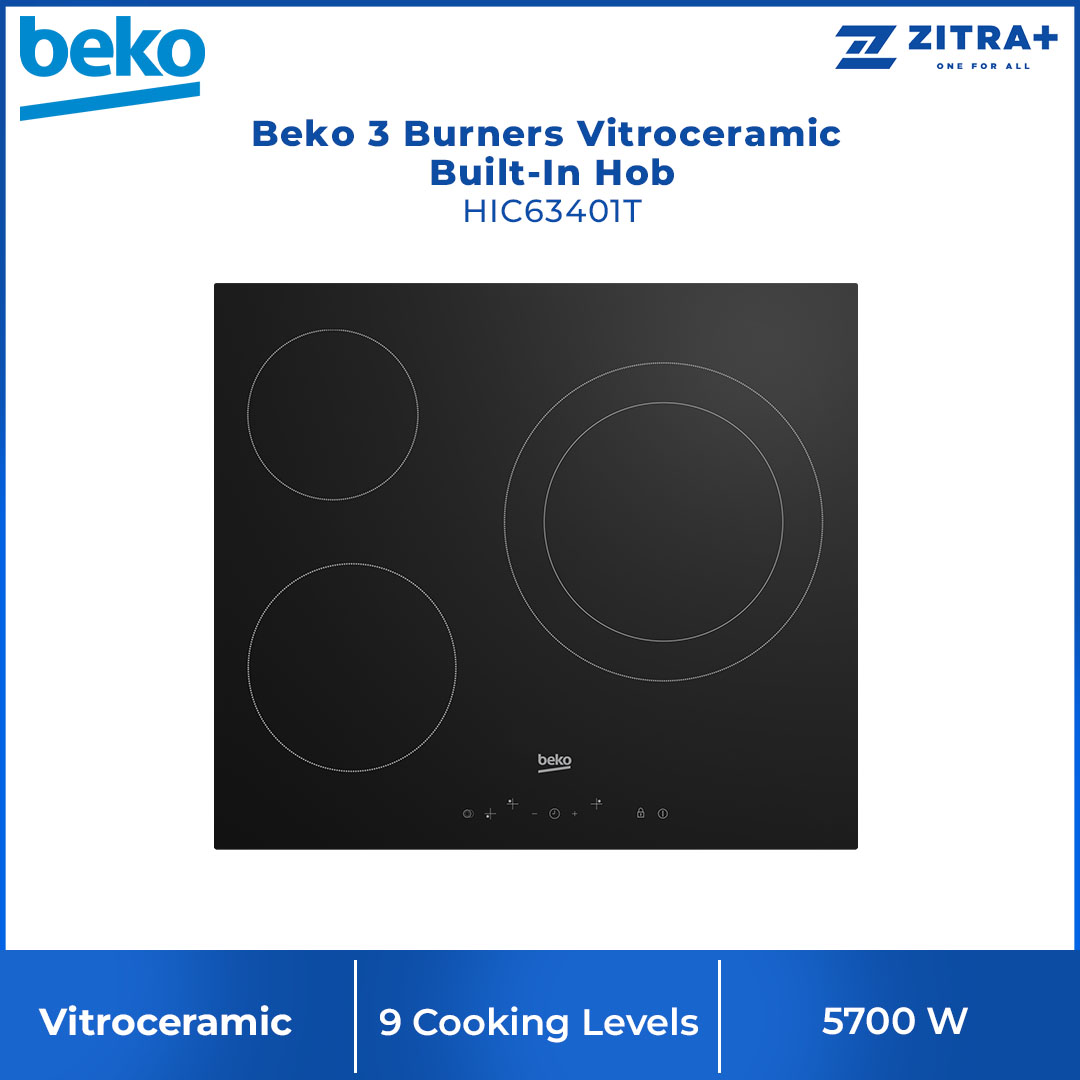 Beko 3 Burners Vitroceramic Built-In Hob HIC63401T | Slim Touch Control | 9 Cooking Levels | Residual Heat Indicator | Auto Shut-off | Built-In Hob with 2 Years Warranty