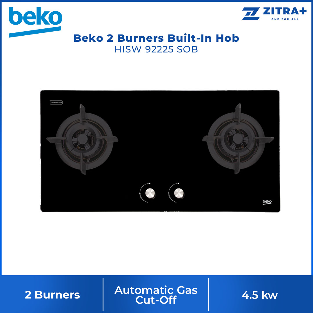 Beko 2 Burners Built-In Hob HISW 92225 SOB |  Automatic Gas Cut-Off | Cast-iron Pan Support | LPG Gas Type | Integrated Ignition | Built-In Hob with 2 Years Warranty