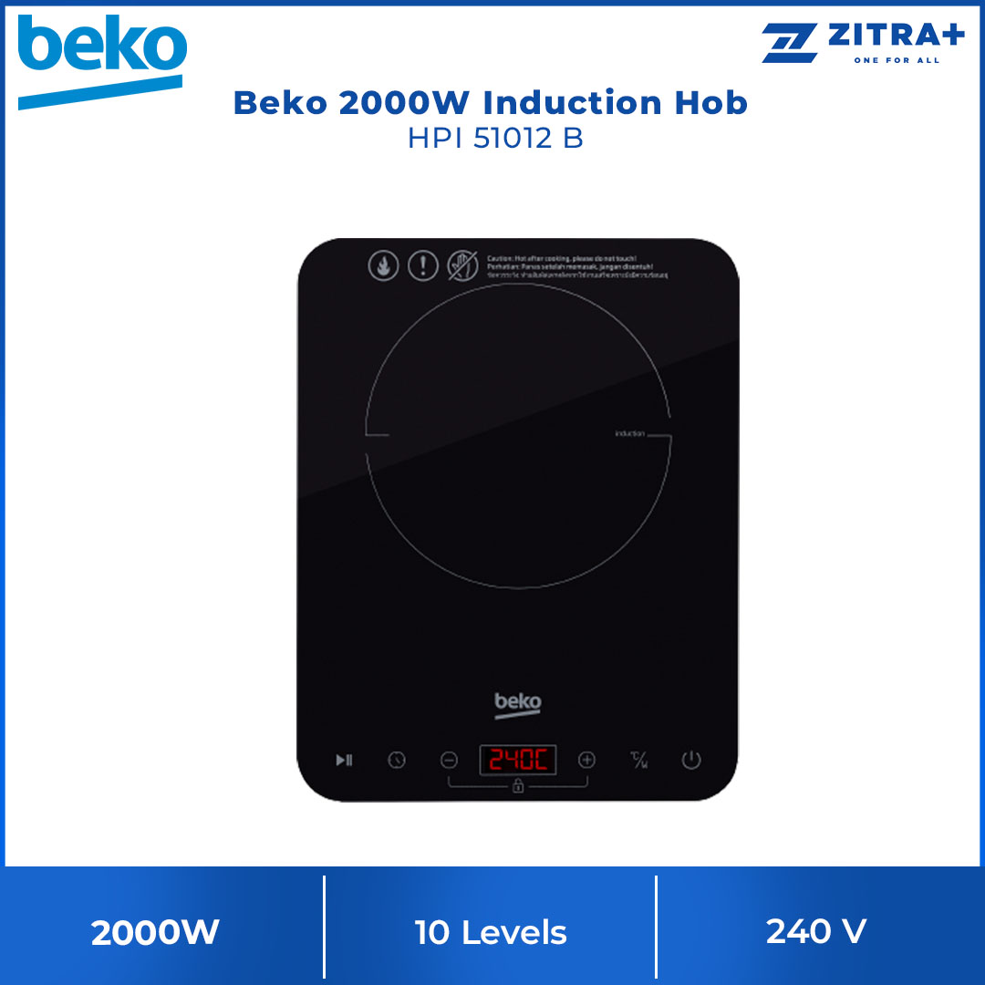 Beko 2000W Induction Hob HPI 51012 B | Child Lock | Glass Design | 180min Timer | 10 Levels Power Setting | Auto Shut-off & Pause Function | Touch Control with LED Screen | Induction Hob with 2 Year General Warranty